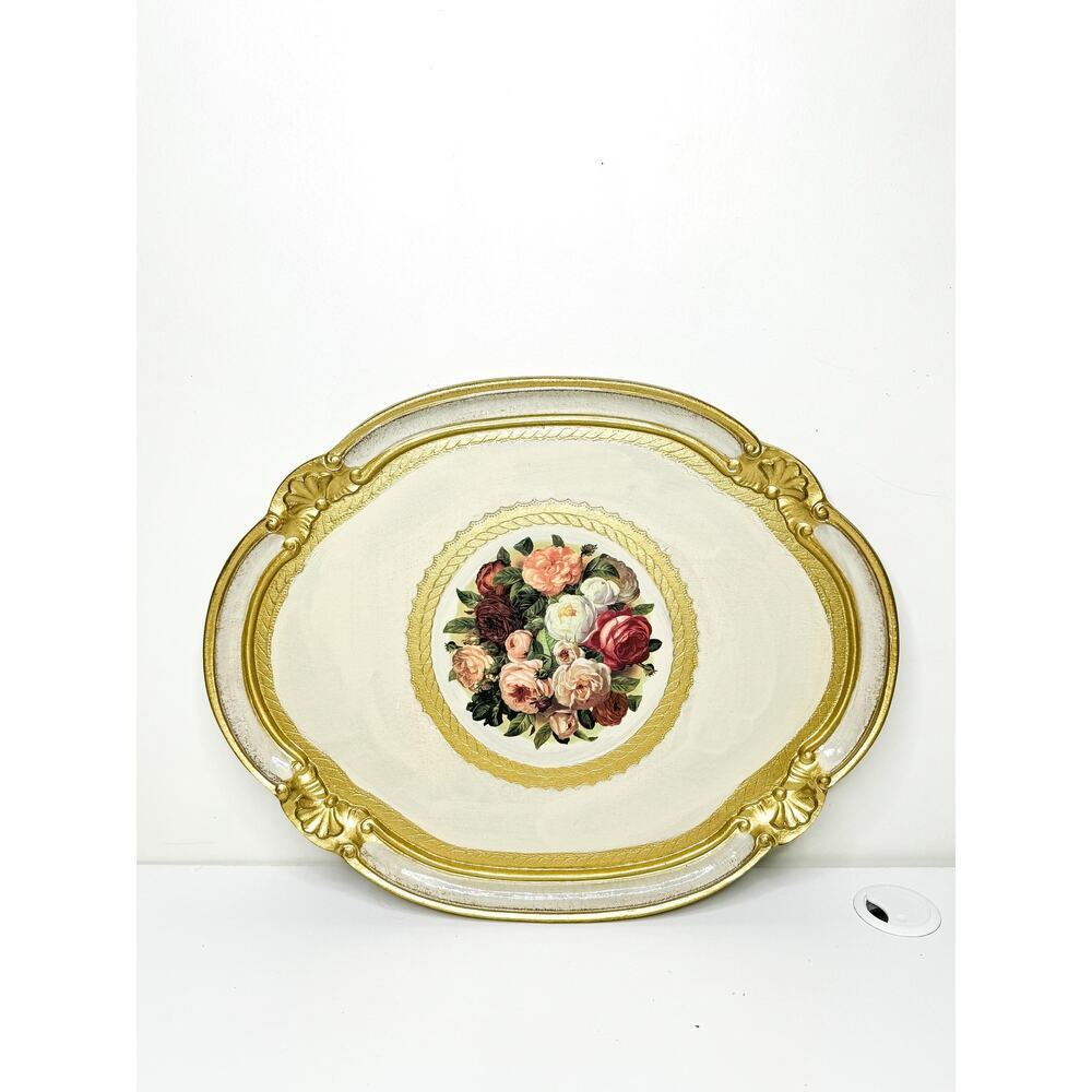 Made In Italy Gold Resin Florentine Tray With Floral Details
